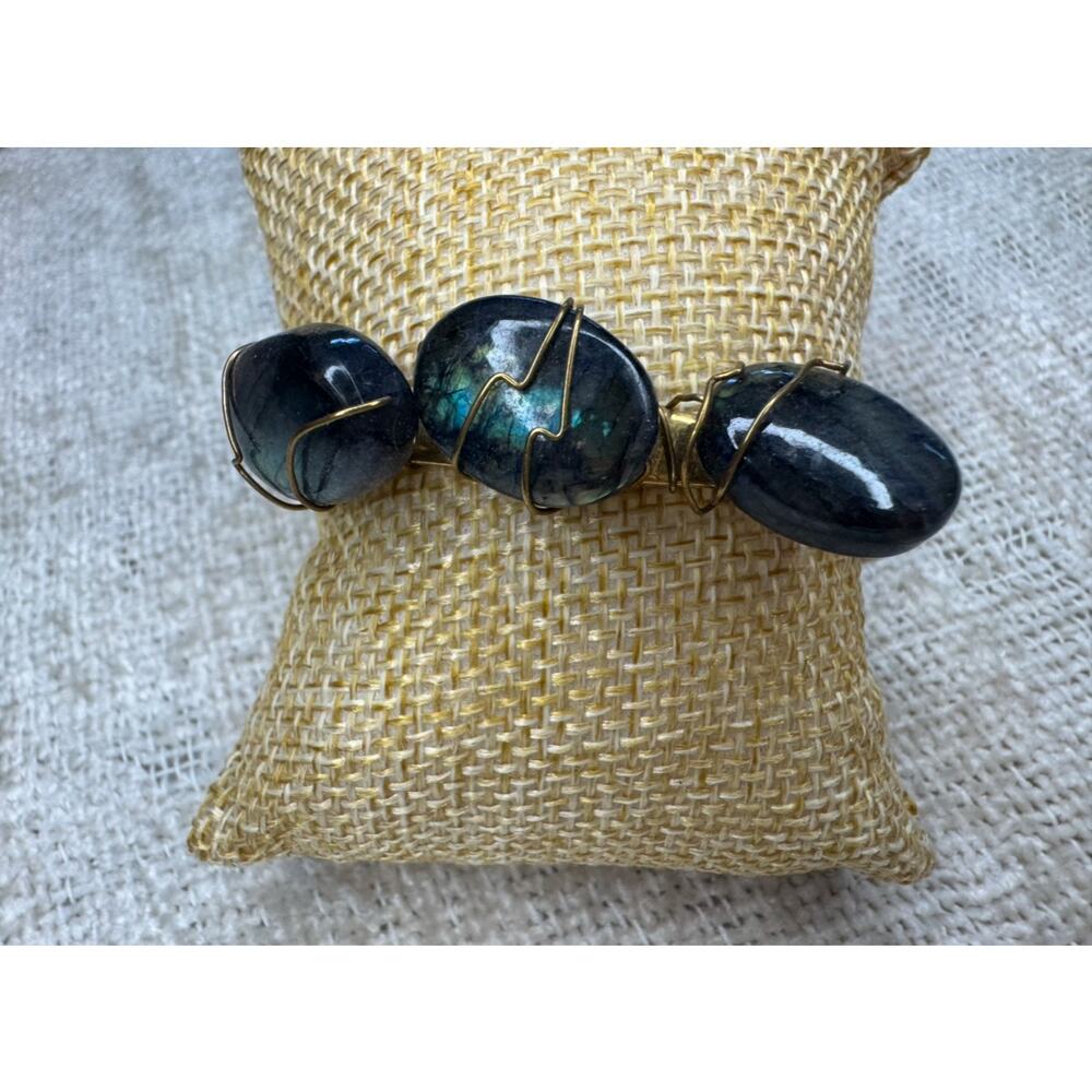 NEW 3 Stone Labradorite Upcycled Vintage Brass Cuff Bracelet